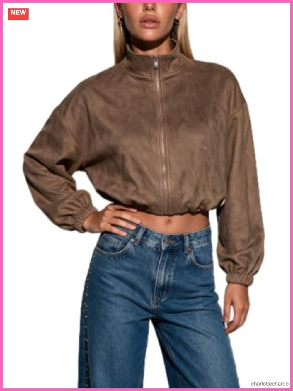 Faux Suede Cropped Bomber Jacket Zip Up Stand Collar Casual Coat